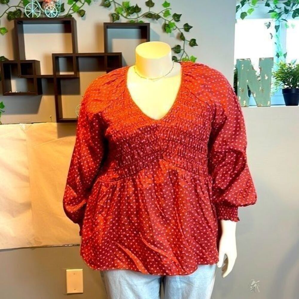 Ava & Viv Women's 3X Balloon Long Sleeve Smocked Bodice Blouse Size 3Xβ RefW8-3